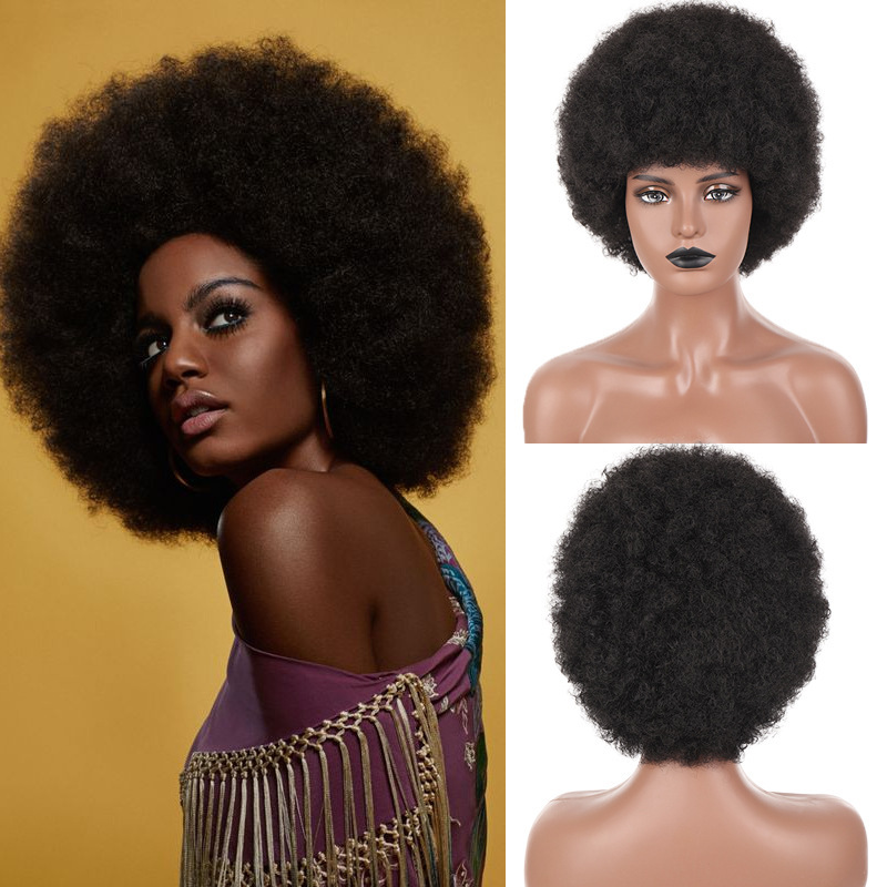 Synthetic short hair African curly explosion headband bangs black women fluffy wig full head cover cross-border foreign trade