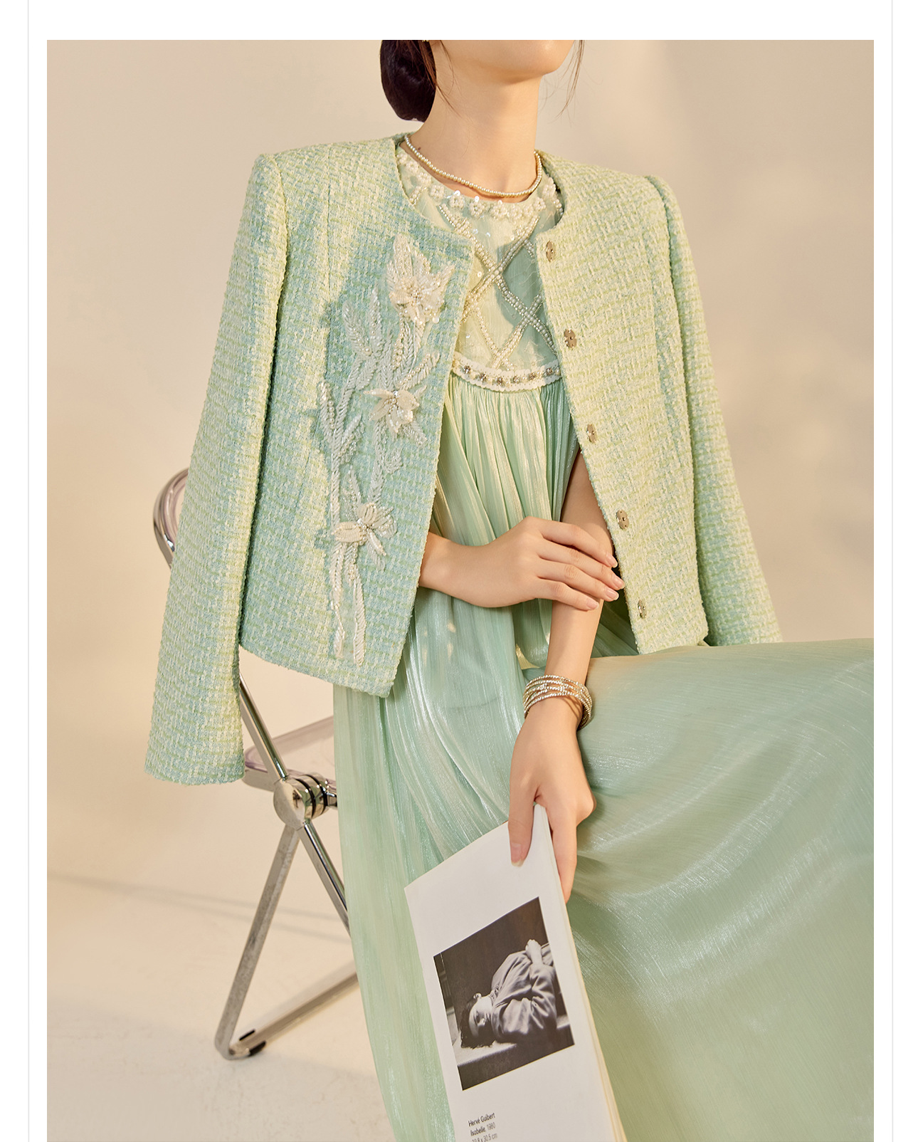 Đầm dài phong cách Trung Hoa mới cổ tròn tay vest dáng suông N8028 — màu xanh lục lam chi tiết 7