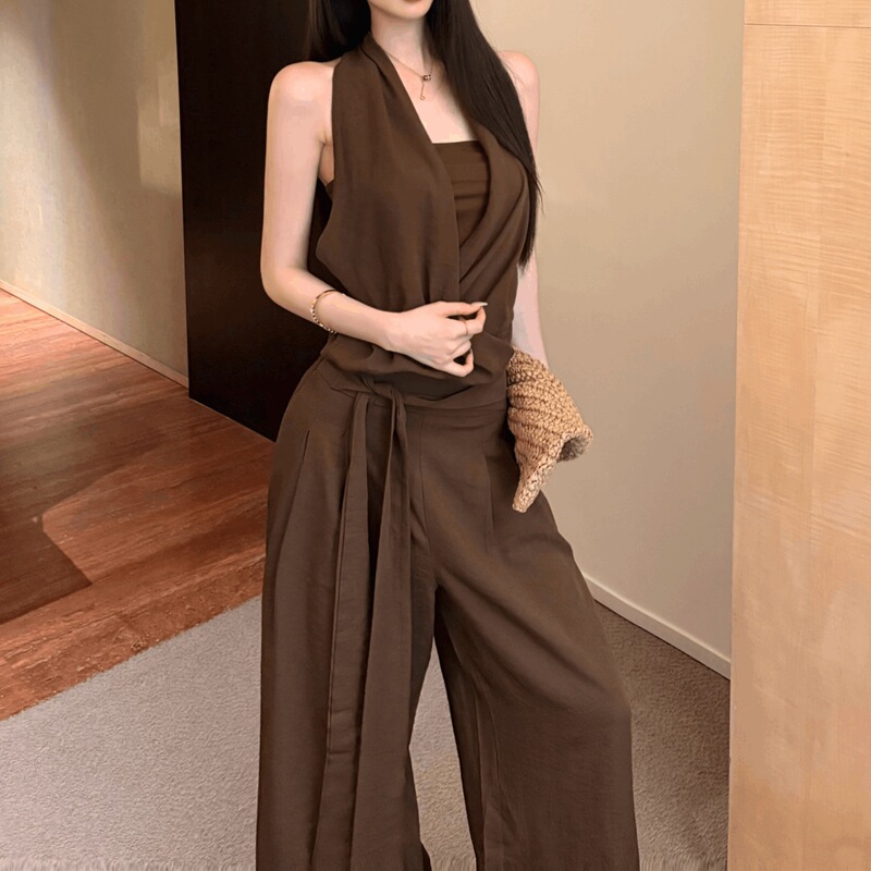 新しいセットフレンチレトロアプリコットホルターベスト女性の夏のルーズストラップワイドレッグパンツカジュアルパンツ 2 点セット|undefined