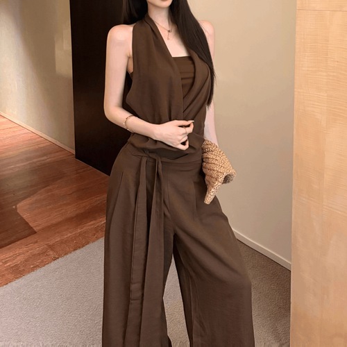 New Style Set French Vintage Apricot Halter Top Women's Summer Loose Tie Wide Leg Pants Casual Pants Two-Piece Set 