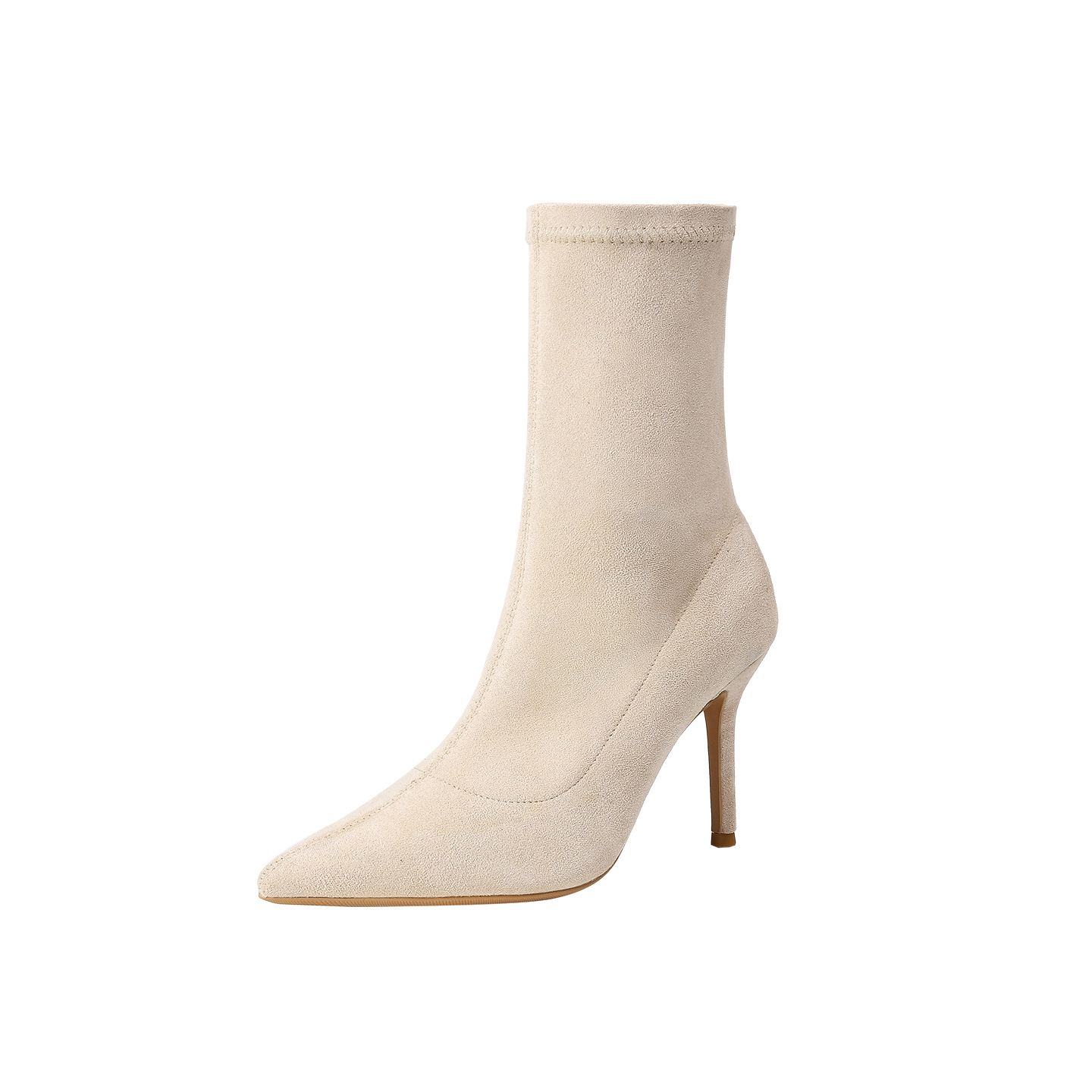 Kanglida Dünne High Heel Short für Damen 2025 Neu Spitze Wildleder Stretch Slim Slim Fit Mid-Calb Sockenstiefel_voghion.com