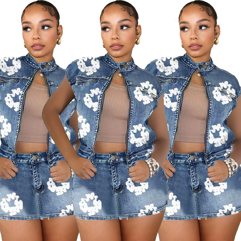 TK6322 European and American Casual Women's Cross-border Supply Personalized Printed Stretch Denim Skirt Jacket suit