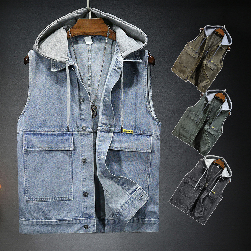 2025 New Trendy Men's and Women's Waistcoat Vest Four Seasons Loose Fashion Detachable Hooded Denim Vest Men's Vest
