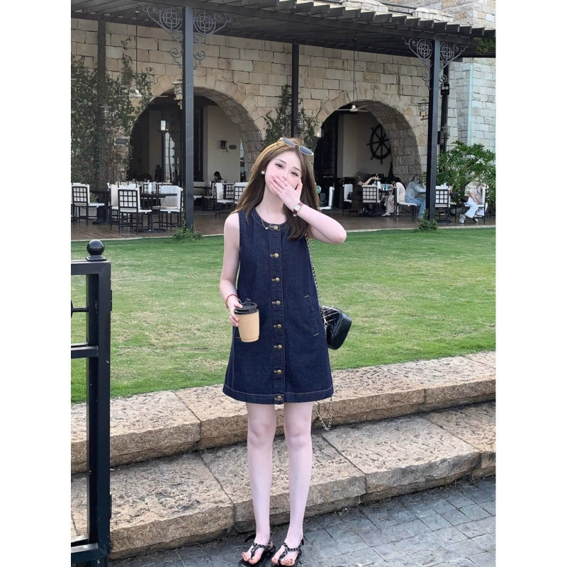 Корейский стиль, ретро-стиль, джинсовое платье-кардиган на пуговицах, женское летнее новое свободное утягивающее жилет без рукавов, юбка