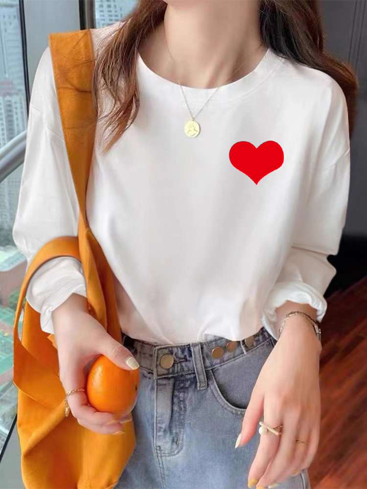 Camiseta de mujer de algodón blanco de manga larga coreana de cuello redondo, camiseta de base de tamaño grande ocio de otoño 210g camiseta de mujer
