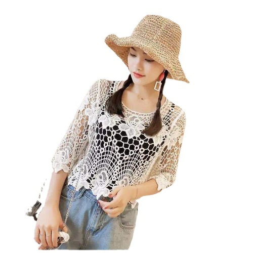 Summer versatile short-sleeved outer shawl women's thin coat lace knitted pullover hollow waistcoat small fragrance