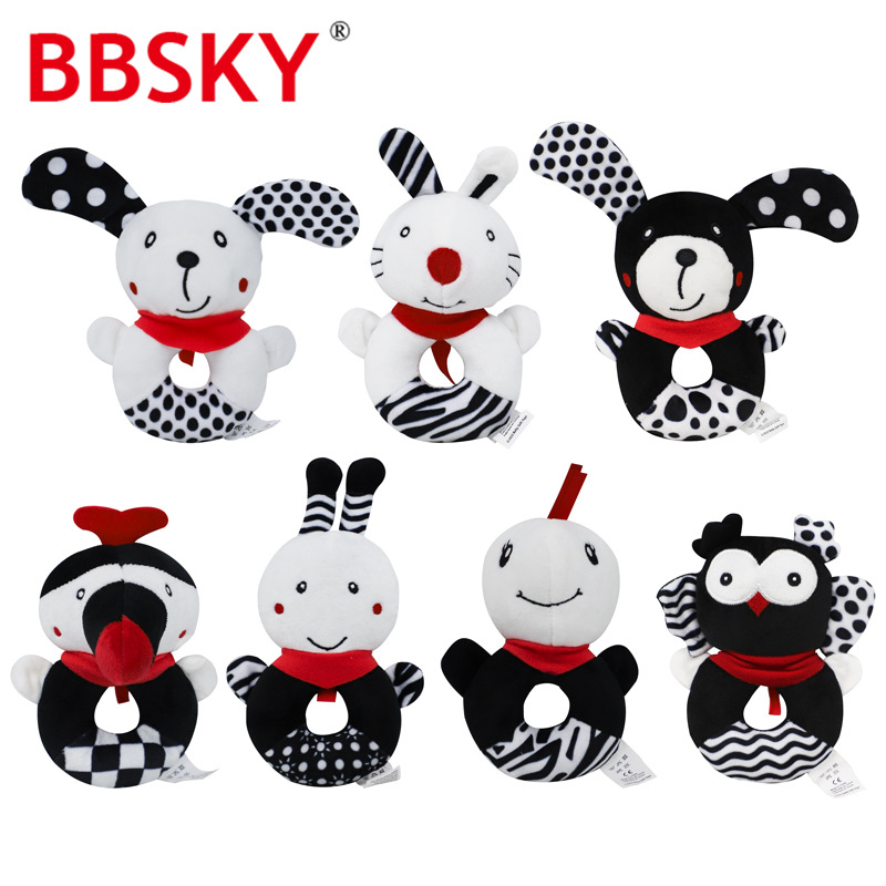Blanco y Negro serie conejo tortuga abeja pájaro cachorro búho dibujos animados mano-cranking anillo bebé juguete de peluche mano-cranking