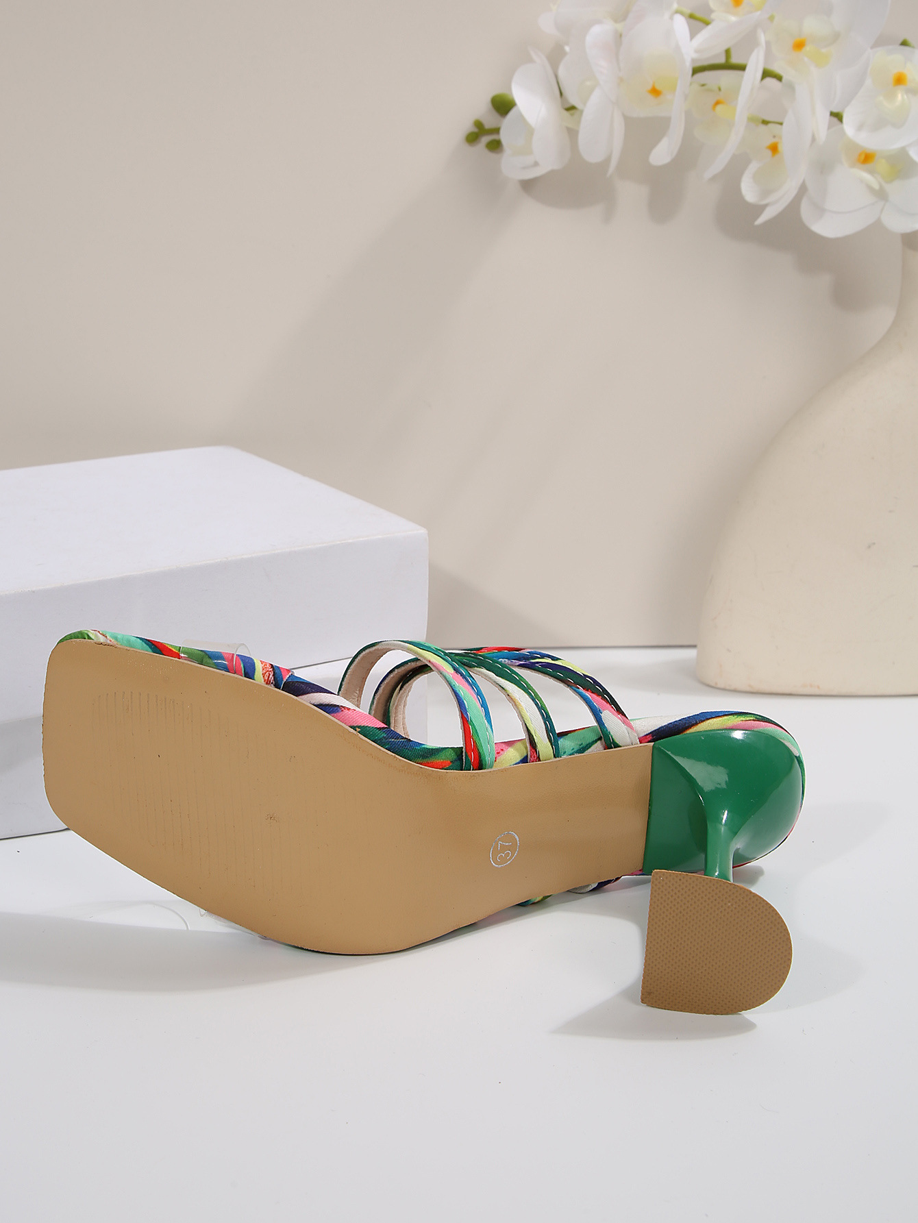 plus Size Floral High Heels Square Toe Transparent Strappy Sandals European American Style Women's Summer New Elegant 43_vogvips.com