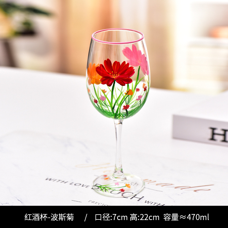 Creativo pintado a mediados de la antigua Copa de tulipán Copa de cristal de alta apariencia de la muchacha de la taza de jugo de copa de vino tinto hogar