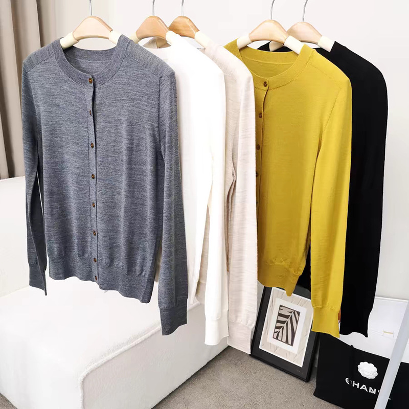 German Yangtze Yarn 100% Merino Wool Knitted Round Neck Cardigan Worsted 60 Count Jacket Autumn and Winter Thin Women's 25