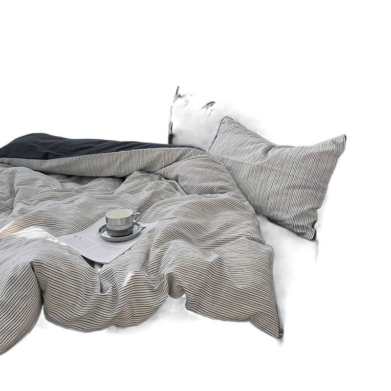 Minimalist Striped Cotton Four-piece Bedding Set With Fitted Sheet_voghion.com