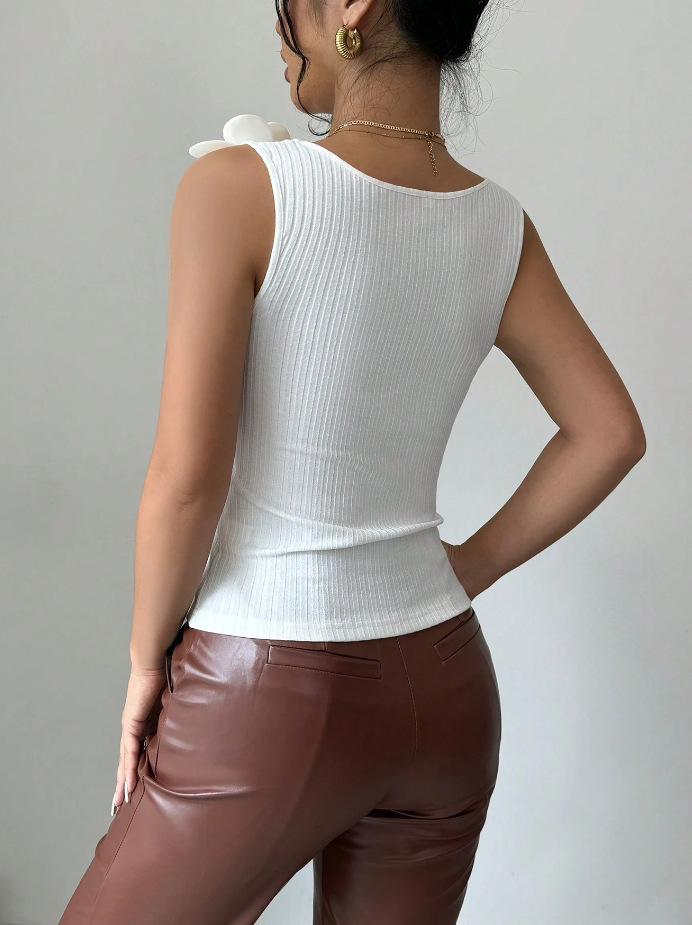 Maglietta sexy da donna, nuova moda, con fiori tridimensionali, senza maniche, elegante, in maglia, casual, primavera/estate._voghion.com