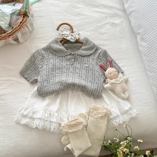 韩版女宝宝2025夏季新款学院风短袖花边领针织衫时髦花边短裙套装