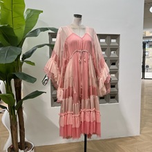 亚马逊休闲气质拼接网纱真丝雪纺V领度假风连衣裙飘逸洋气早春