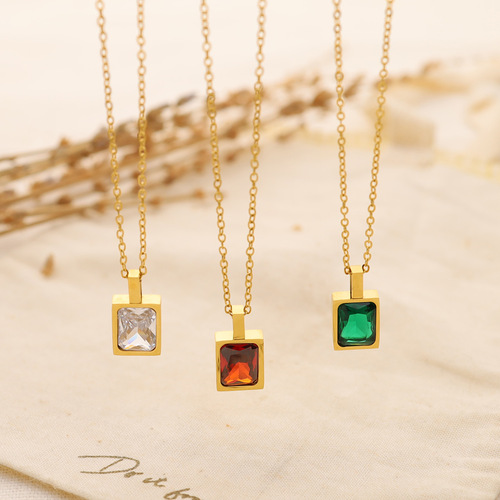 Light luxury and compact French square colored zirconium necklace rock sugar square brick fine titanium steel plated 18K real gold necklace clavicle chain