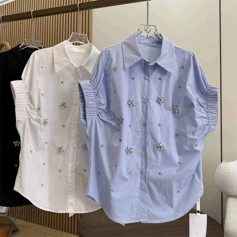 Дизайнерская тяжелая вышивка из бисера рубашка свободная тонкая рубашка с короткими рукавами