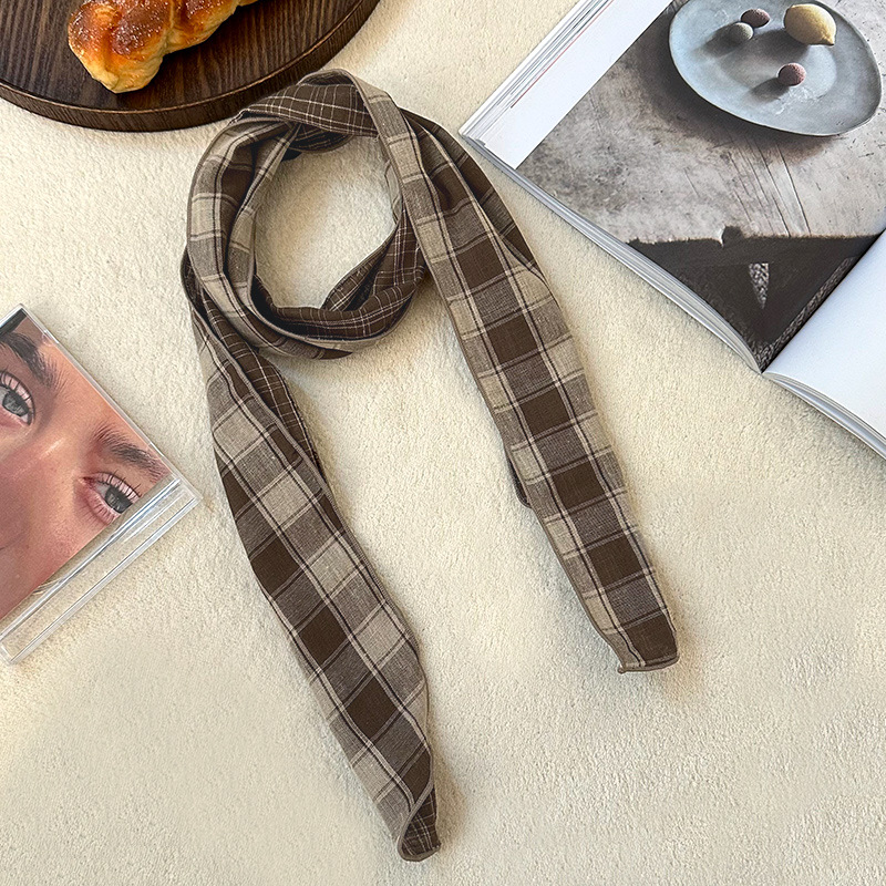 Pañuelo de seda largo, bufanda delgada y estrecha a cuadros retro de alta calidad, bufanda versátil, pañuelo en la cabeza, cinturón decorativo para el cabello