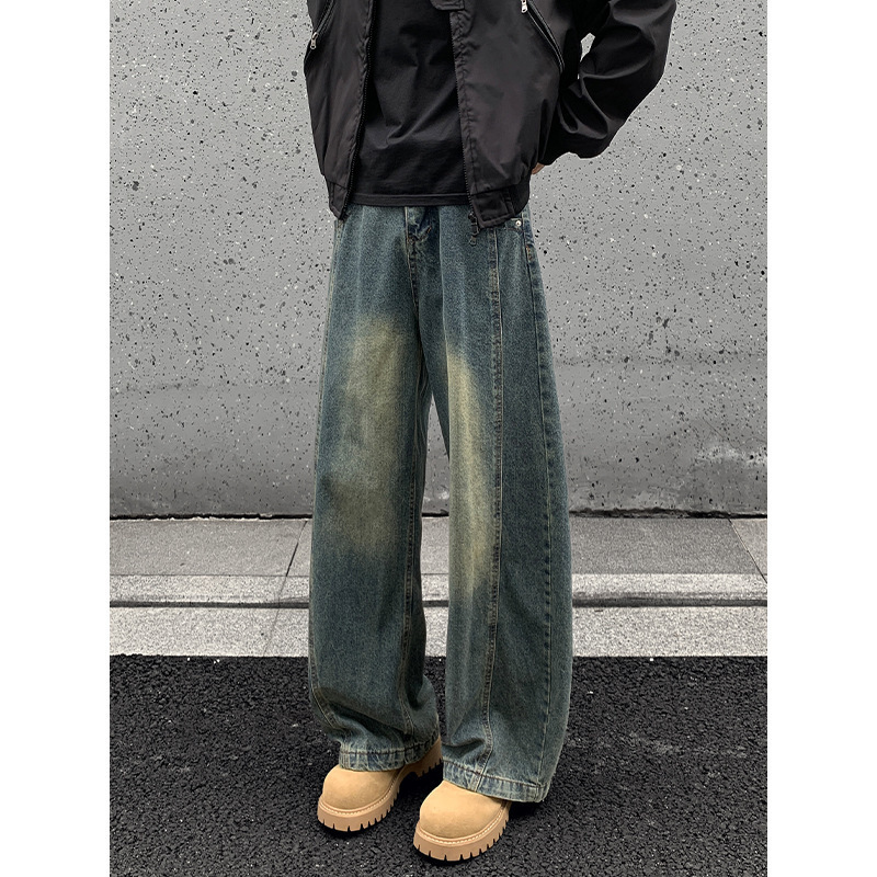 Vintage Curved Hem Jeans for Men, Autumn and Winter Straight Loose Pants, Cool Trendy Brand Curved Hem Wide-Leg Casual Long Pants