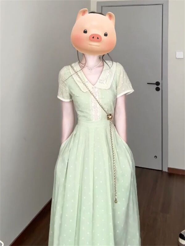 French Lemon Green Lace Splicing Hollow Jacquard Polka Dot Dress, Feminine Waist Slimming and Chic Long Skirt