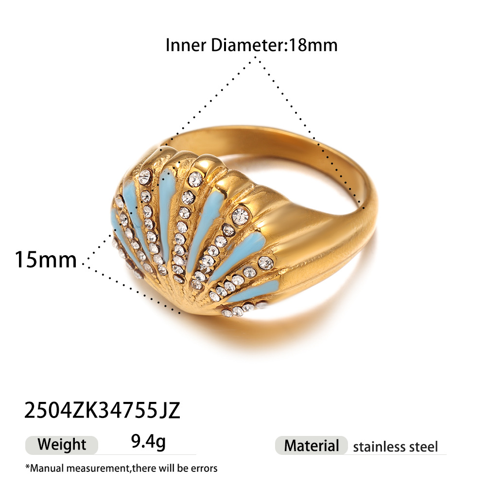 Anillo de acero inoxidable europeo y americano de Tena El acero de titanio no se desvanece, anillo de anillo de concha con incrustaciones del océano, joyería explosiva transfronteriza