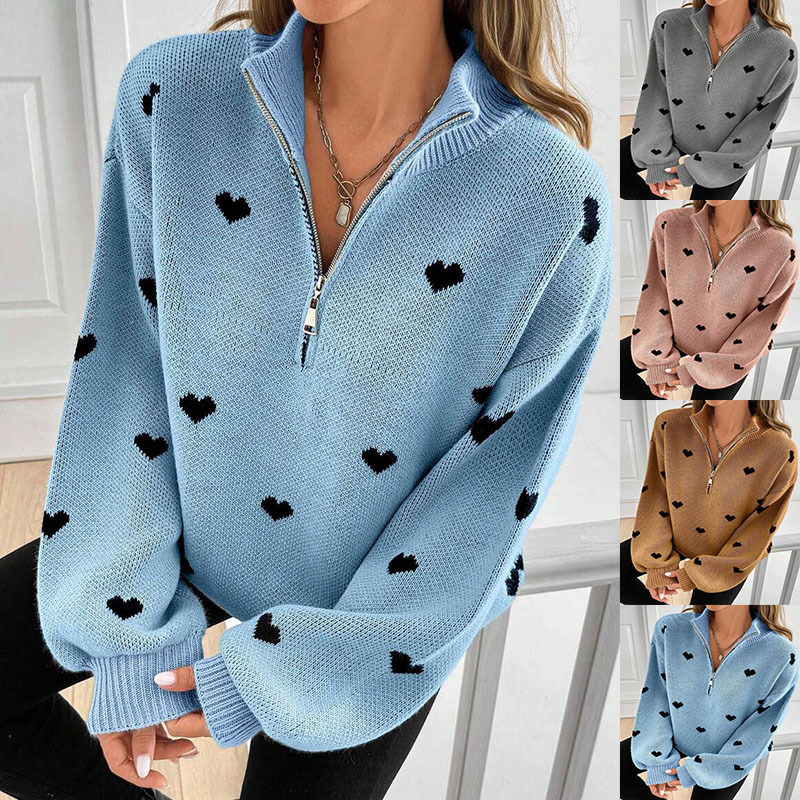 2026 Autumn Women's New Fashion European and American Amazon Cross-Border Trade Knitted Long-Sleeve Heart Pattern Zipper Sweater 2026 Autumn Women's New Fashion European and American Amazon Cross-Border Trade Knitted Long-Sleeve Heart Pattern Zipper Sweater