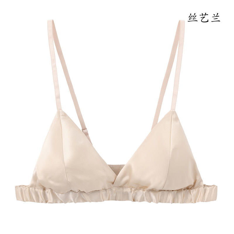 Middle-Aged and Elderly Women's Thin Silk Lingerie, Real Silk Bra, Satin Lace, French Style, for Small Busts, High-End, Breathable, Comfortable