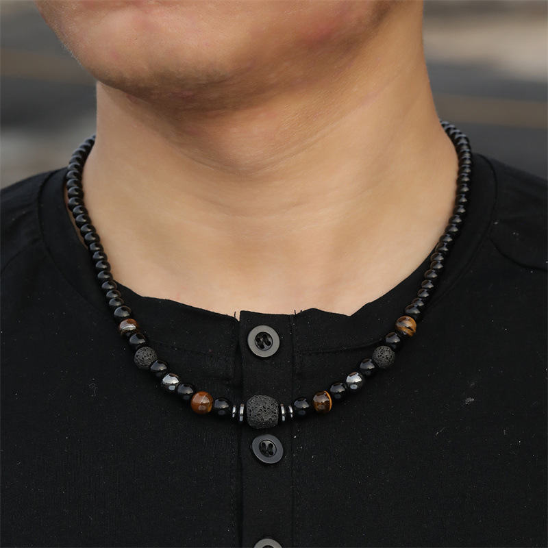 MNZ0036 Collier ras du cou unisexe en pierre volcanique noire à perles_voghion.com