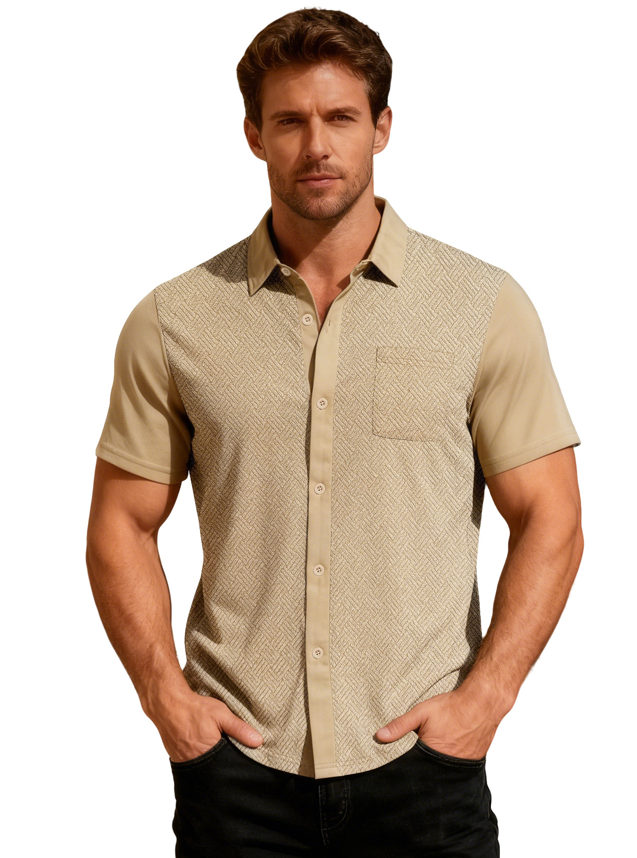 Europa y Estados Unidos ropa de hombre transfronteriza TK paleta de verano suelta con solapa transpirable Cardigan toalla jacquard camisa de hombre de manga corta