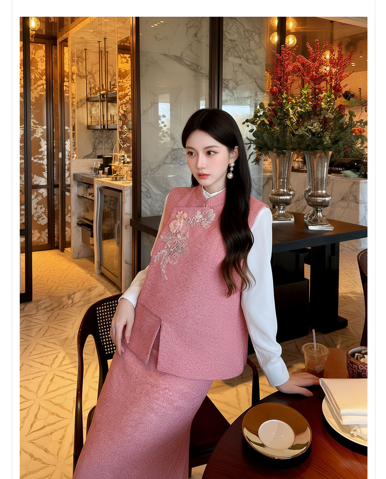 Bộ áo gile không tay và chân váy midi tân cổ điển đính cườm sang trọng — nửa váy, Trang chủ chi tiết 4