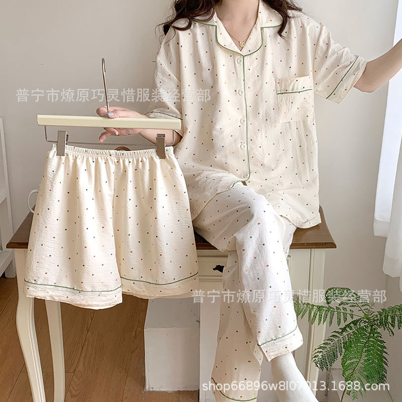 Red famosa nuevo pijama de mujer nubes de verano algodón pantalones cortos de manga corta pantalones largos de tres piezas de dibujos animados set de ropa para el hogar