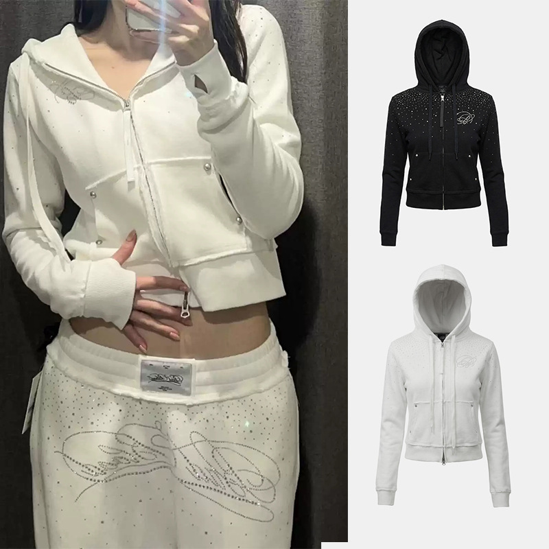 Badblood Korean American Style Spicy Girl Black Casual Short Rhinestone Zipper Hooded Sweatshirt Jacket Top for Women Badblood Korean American Style Spicy Girl Black Casual Short Rhinestone Zipper Hooded Sweatshirt Jacket Top for Women