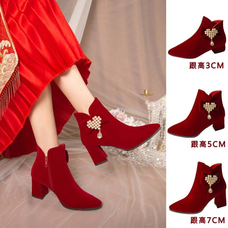 Зимняя Свадебная обувь Женская 2023 Новое платье Xiuhe Свадебное платье Свадебная обувь на двух носках Свадебная обувь на толстом каблуке Свадебная обувь На высоких каблуках Не уставали ноги