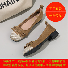 法式女鞋2025新款春秋季蝴蝶結新款方頭淺口刺綉單鞋復古拼接大碼