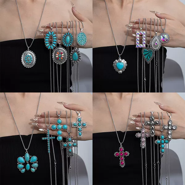 Retro Western Style Natural Turquoise Necklace Retro Easiest for Match Titanium Steel Chain Bohemian Ethnic Style Fashion Necklace