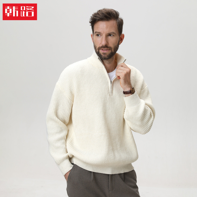 Solid Color Vertical Stripesd Textured Stand-Up Collar Knitwear Men's Autumn and Winter Half-Zip Knitwear Lazy Loose Trendy Brand Jacket