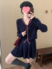 韩系休闲气质时尚套装春装新款学院风显瘦针织衫百褶裙两件套