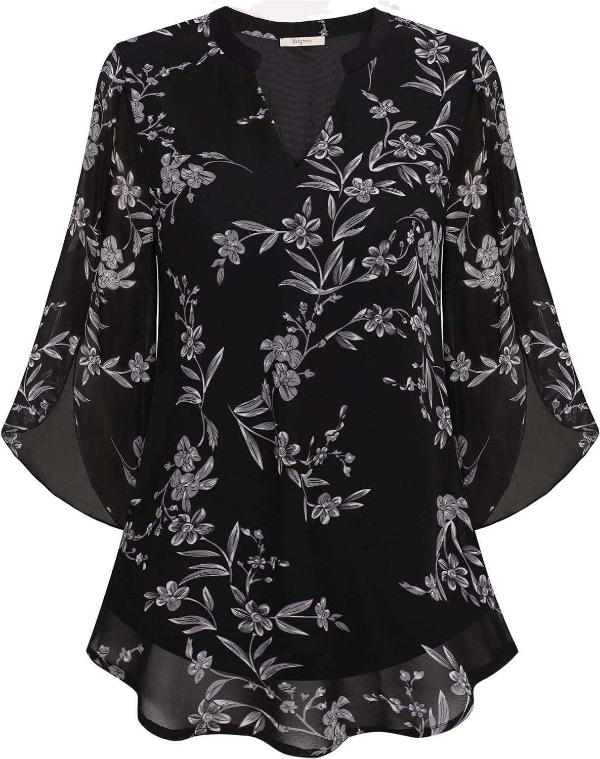 Damen Chiffonbluse Mit V-ausschnitt Und Blütenärmeln_voghion.com