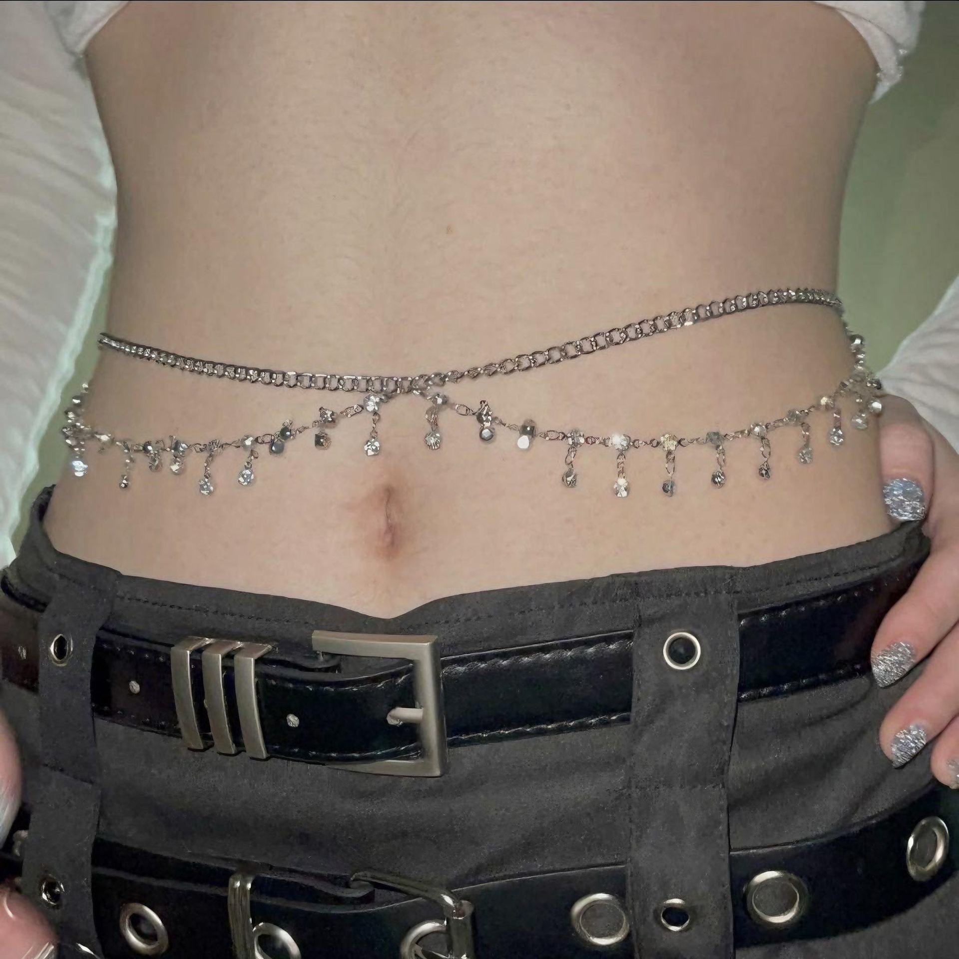 Nuevo diamante de doble flash flange chaîne de cintura metálica sexy accesorios de cadena de moda bikini de alta calidad