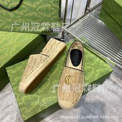高版本G 家刺绣印花渔夫鞋2025年秋季编织橡胶底皮面浅口休闲女鞋