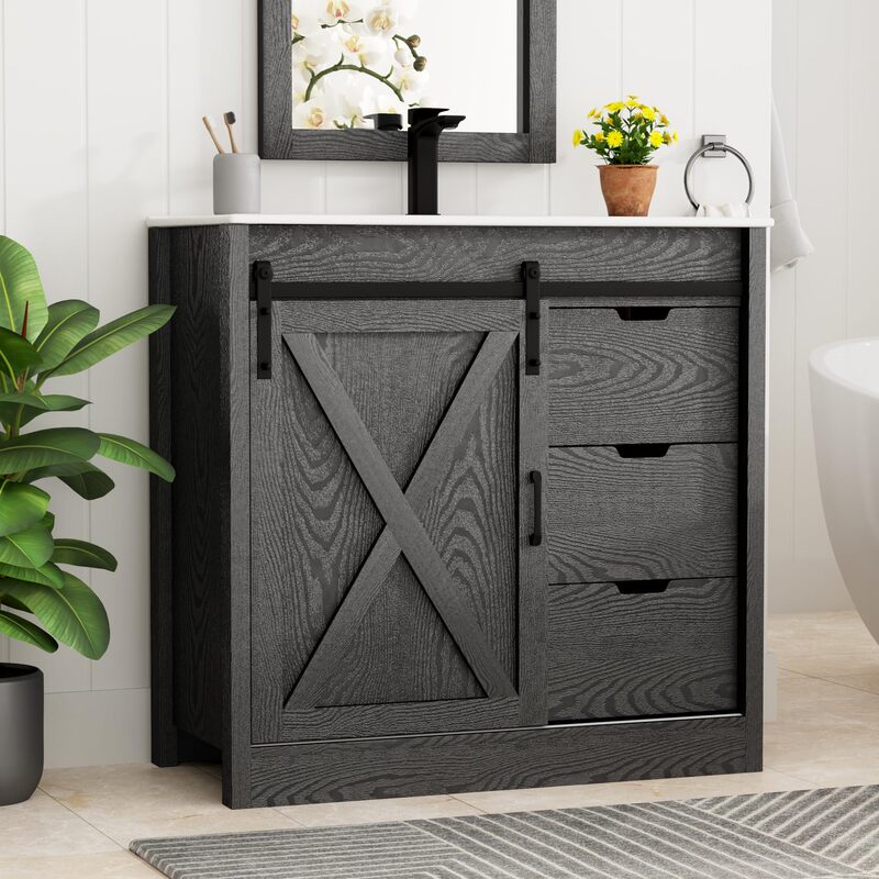 American-Style 36inch Bathroom Sink Cabinet with Sliding Barn Door and Storage Space American-Style 36inch Bathroom Sink Cabinet with Sliding Barn Door and Storage Space