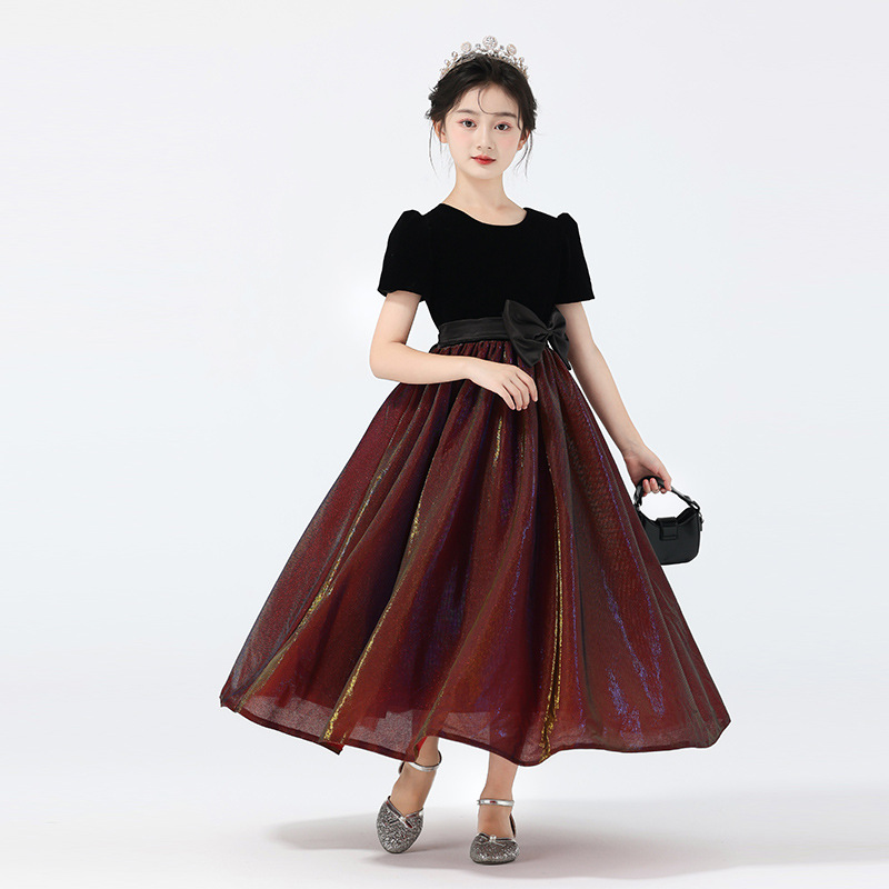 Vestido para niños, vestido de princesa de alta gama para niñas, coro de actuación para niñas, vestido de actuación de malla de manga corta