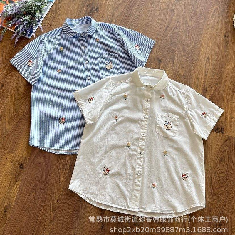 Japanese-Style Playful Graffiti Bear Embroidery Floral Loose Doll Collar Cotton Short-Sleeve Shirt for Female Students Japanese-Style Playful Graffiti Bear Embroidery Floral Loose Doll Collar Cotton Short-Sleeve Shirt for Female Students