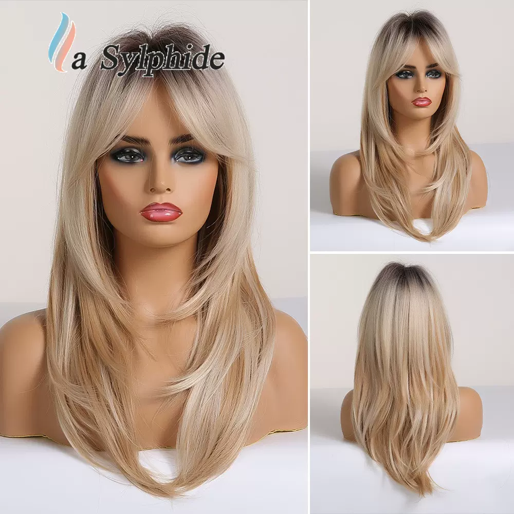 八字刘海中长纹理直发欧美知性假发女机制金色化纤头套层次Wigs