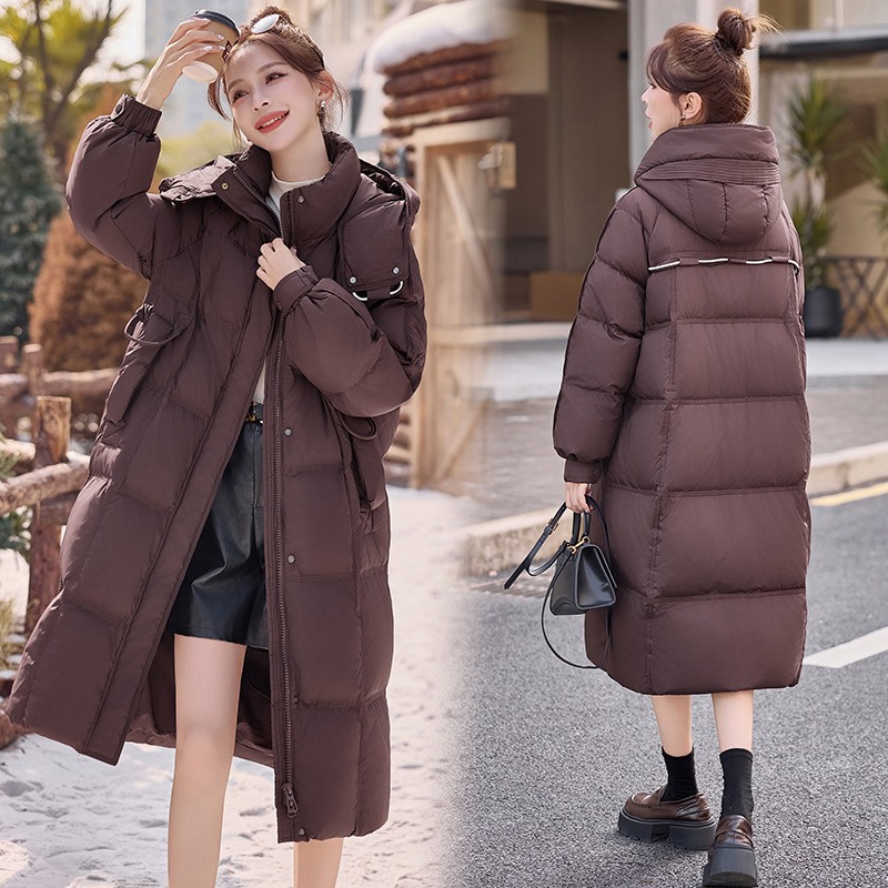Chocolate Color Loose Hooded Down Jacket Women's Mid-length 2025 Winter New Warm Thickened White Duck Down Jacket