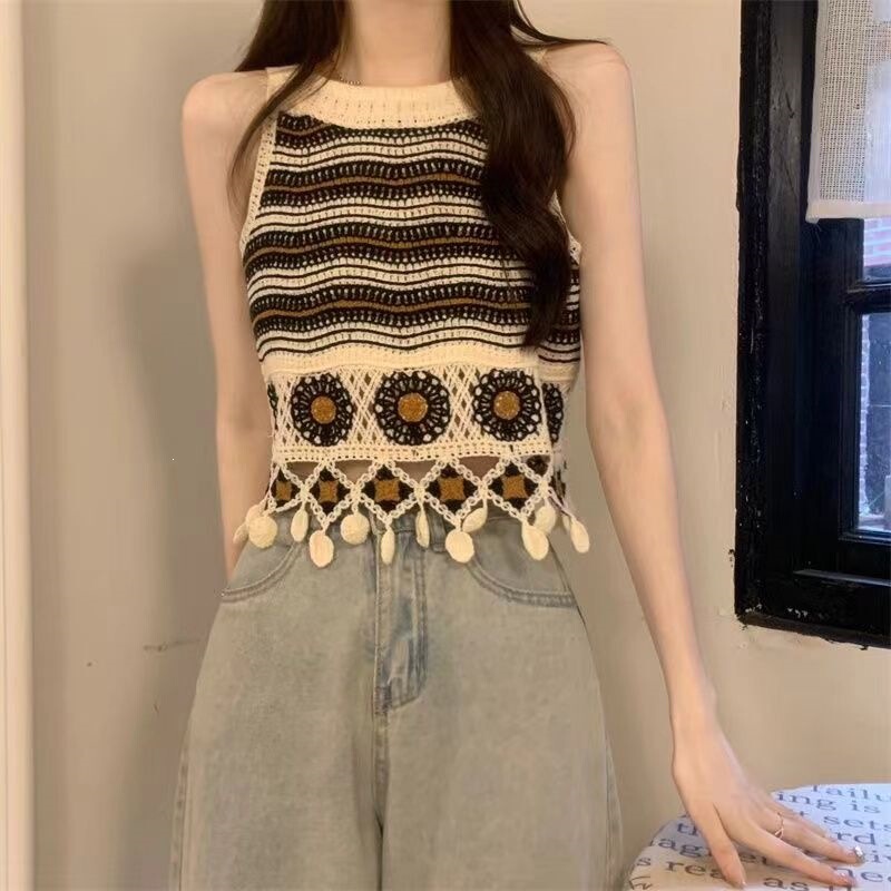 Hollow-Out Floral Embroidery Crochet Camisole Summer Women's Vintage Ethnic Design Tassel Short Top