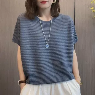 针织衫夏季薄款圆领短袖针织衫女宽松显瘦上衣时尚洋气妈妈装