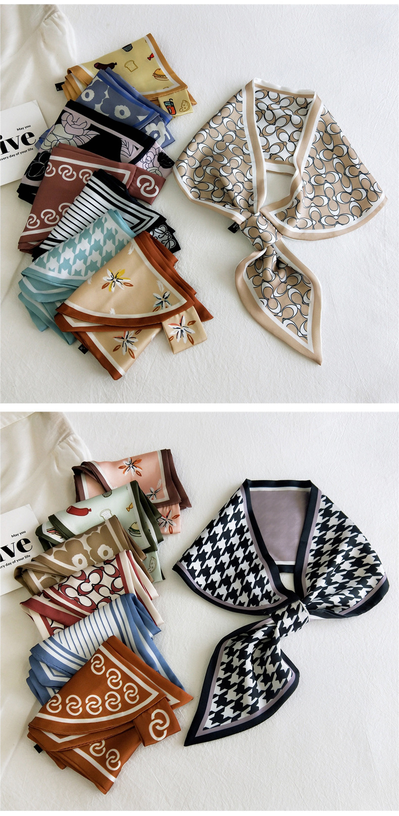 50g Weight Silk Scarf Classification Travel Occasion Unisex Gender Patchwork Design Sweet Style Khaki, Grey, Purple, Red, Green, Blue, Camel, Yellow, Black Color Fashion Printing Small Silk Scarf 1