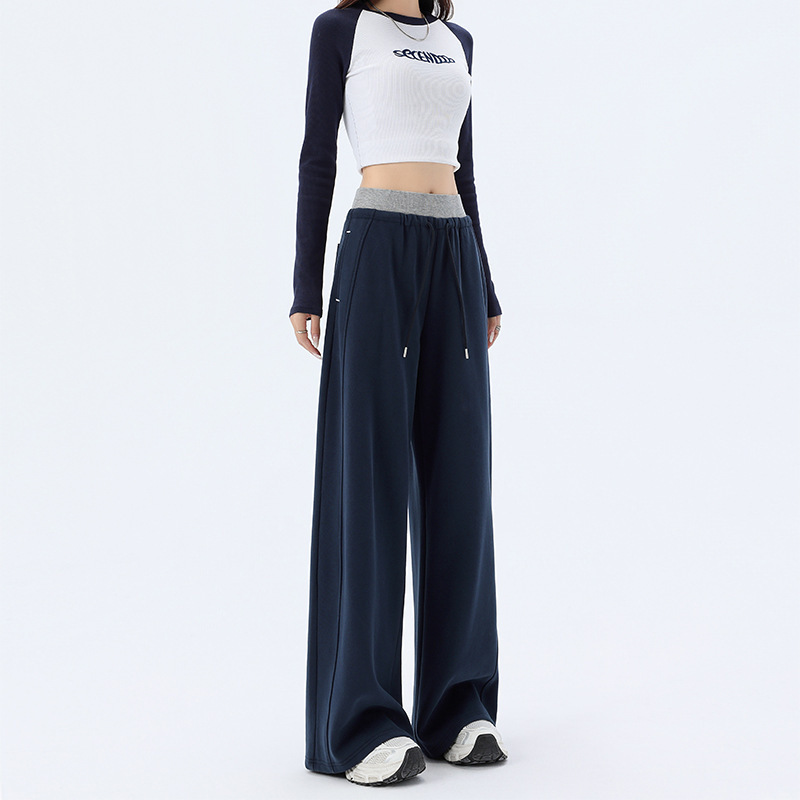 Carefully Selected Women's Pants, New Autumn Style, Ribbed Miu-Style Sweatpants, Color-Blocked Straight-Leg High-Waisted Drawstring Casual Women's Pants
