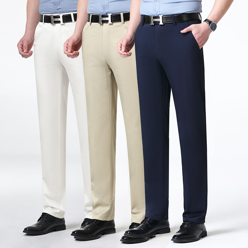 High-End Jiumu Big-Name Middle-Aged Men's Trousers Straight Thin Pure Color Cotton Small Straight Business Tencel Casual Pants
