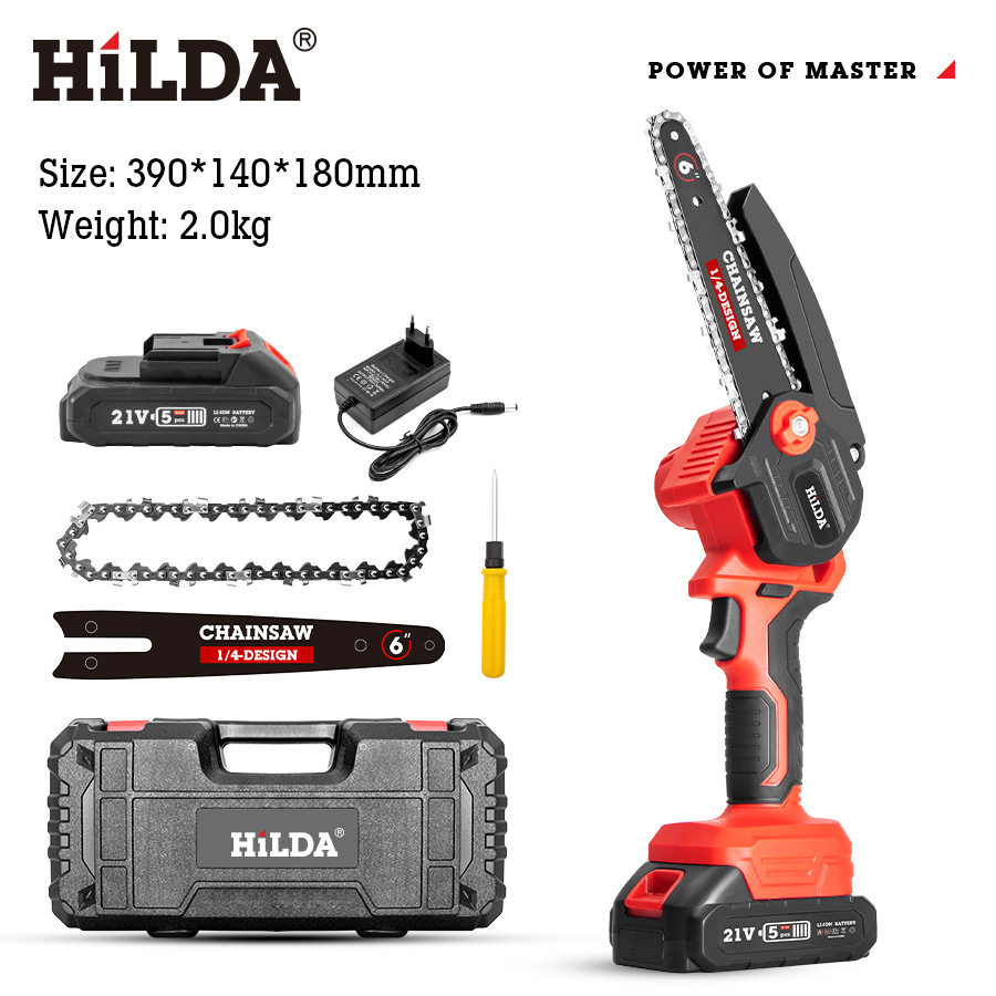 HILDA transfronterizo inalámbrico de 4 pulgadas sierra de cadena eléctrica mini Sierra de carpintería Sierra de cadena eléctrica de litio Sierra de registro de herramientas de jardín comercio exterior